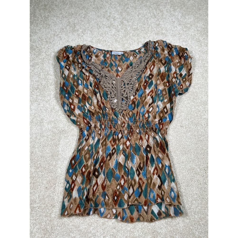 Charming Charlie Womans Size S Baby Doll Brown Geometric Crochet Trim Y2K